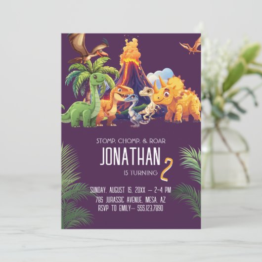 Stomp Chomp Roar Dinosaur Geburtstag Einladung (Stehend Vorderseite)