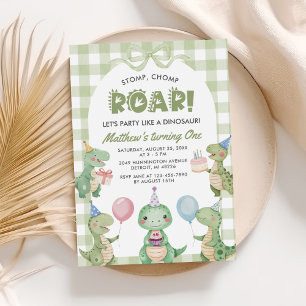 Stomp Chomp Roar Dinosaur Gingham 1. Geburtstag Einladung