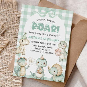 Stomp Chomp Roar Dinosaur Gingham 1. Geburtstag Einladung
