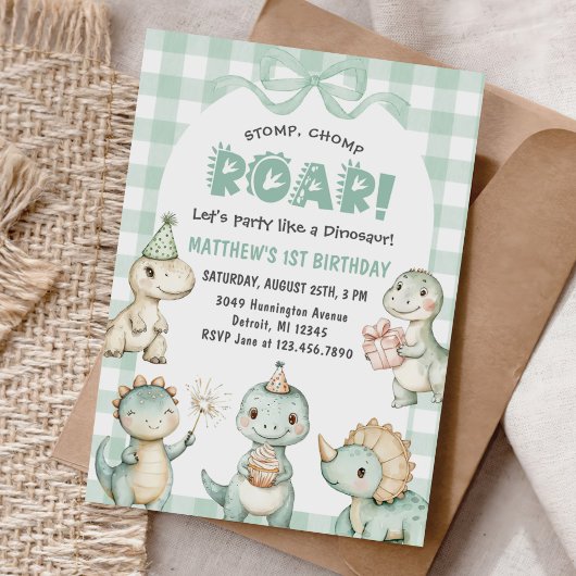 Stomp Chomp Roar Dinosaur Gingham 1. Geburtstag Einladung
