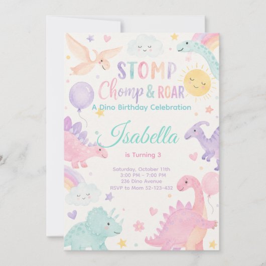 Stomp Chomp & Roar Dinosaur Invitation Editable Einladung (Vorderseite)