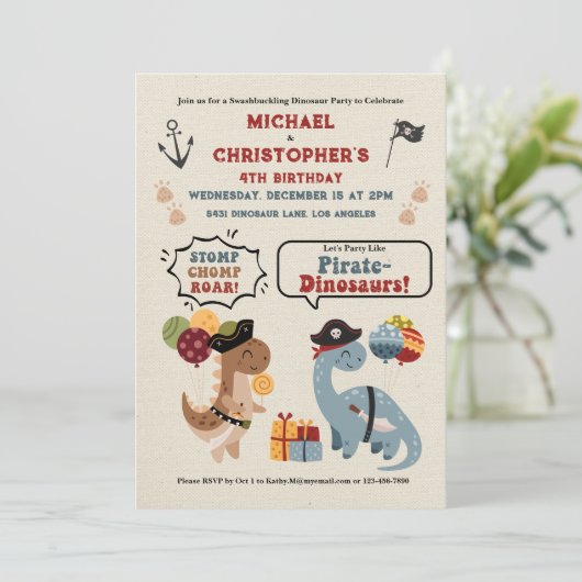 Stomp Chomp Roar Dinosaur Pirate Twin Boy Geburtst Einladung (Stehend Vorderseite)