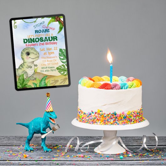 Stomp, Chomp, Roar, Dinosaur Watercolor Birthday Einladung