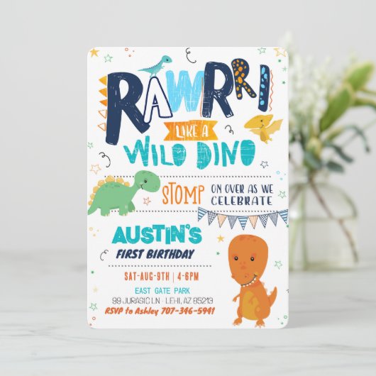Stomp Chomp Roar Dinosaurier Einladung zum Geburts (Stehend Vorderseite)