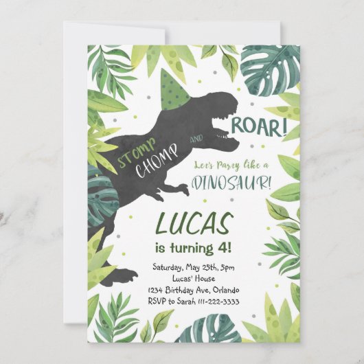Stomp Chomp Roar Dinosaurier Einladung zum Geburts (Vorderseite)