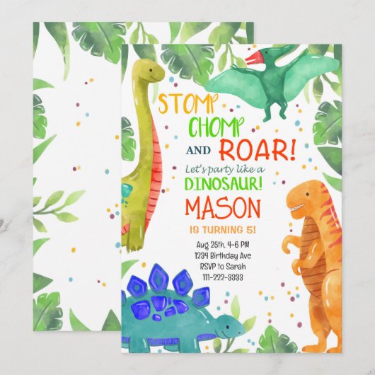 Stomp Chomp Roar Dinosaurier Einladung zum Geburts (Vorne/Hinten)