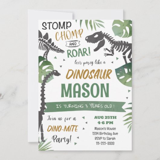 Stomp Chomp Roar Dinosaurier Einladung zum Geburts (Vorderseite)