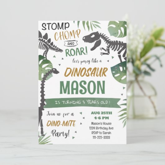Stomp Chomp Roar Dinosaurier Einladung zum Geburts (Stehend Vorderseite)