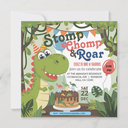 Stomp Chomp Roar Dinosaurier eins a saurus Geburts Einladung (Vorderseite)