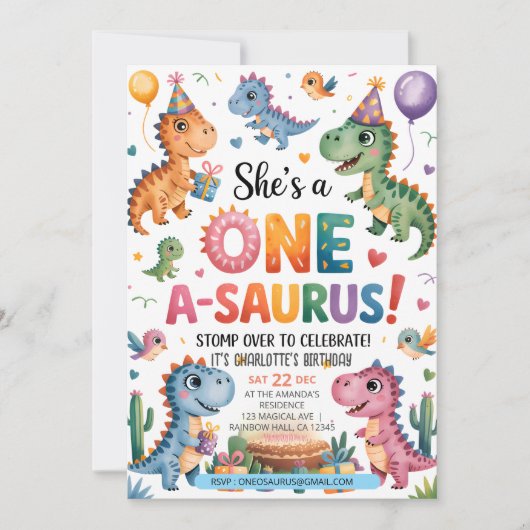 Stomp Chomp Roar Dinosaurier eins a saurus Geburts Einladung (Vorderseite)