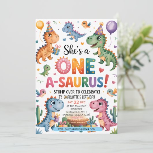 Stomp Chomp Roar Dinosaurier eins a saurus Geburts Einladung (Stehend Vorderseite)