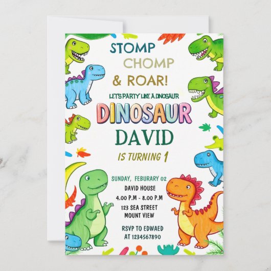 Stomp Chomp & Roar in Fun Dinosaurier 1. Geburtsta Einladung (Vorderseite)
