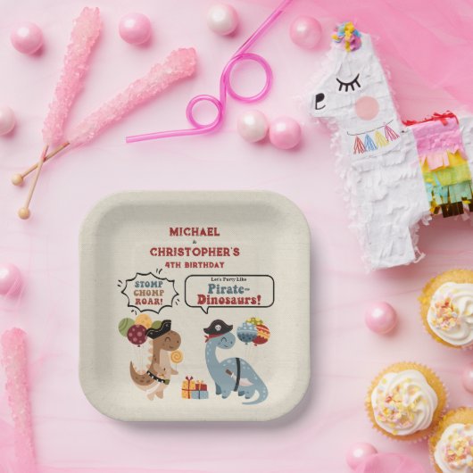 Stomp Chomp Roar Pirate Dinosaur Twin Boy Geburtst Pappteller (Party)