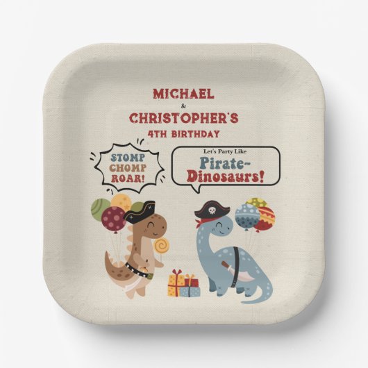 Stomp Chomp Roar Pirate Dinosaur Twin Boy Geburtst Pappteller (Vorderseite)