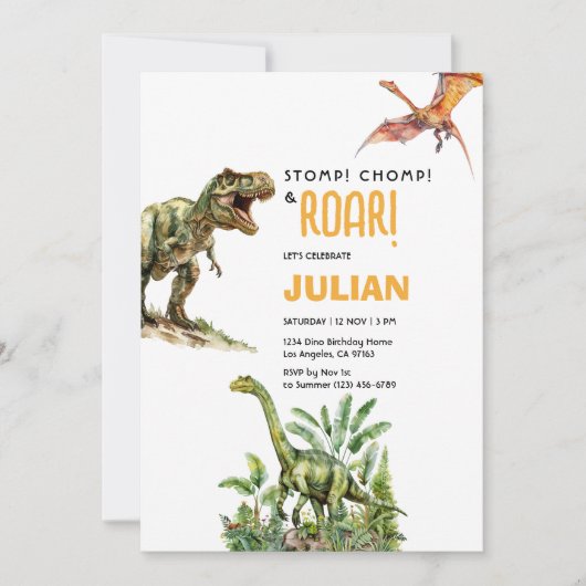 Stomp Chomp Roar Tirex Dinosaur Bithday Einladung (Vorderseite)