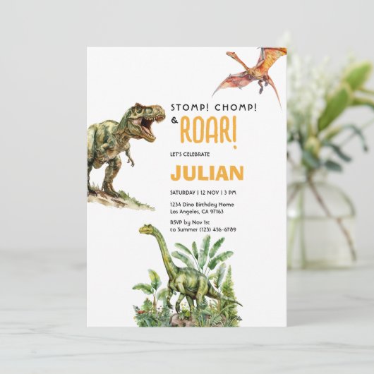 Stomp Chomp Roar Tirex Dinosaur Bithday Einladung (Stehend Vorderseite)
