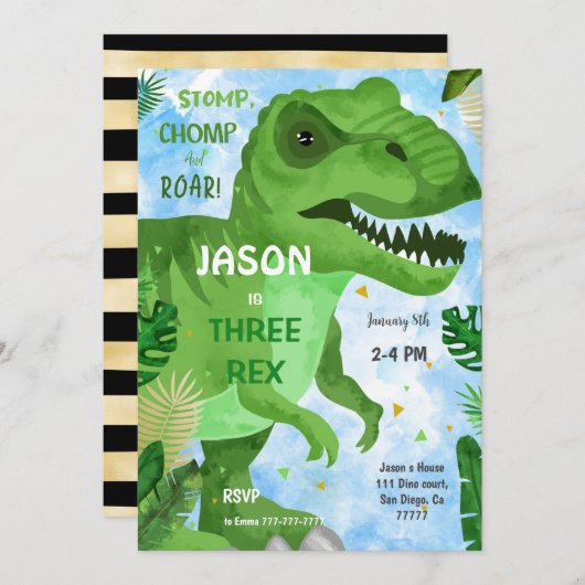 STOMP CHOMP seine Dinosaurier Geburtstagsparty Einladung (Vorne/Hinten)