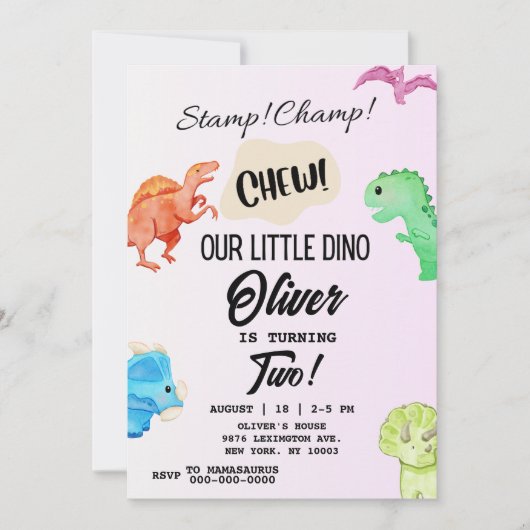 STOMP CHOMP UND CHEW Dinosaurier Einladung zum Geb (Vorderseite)