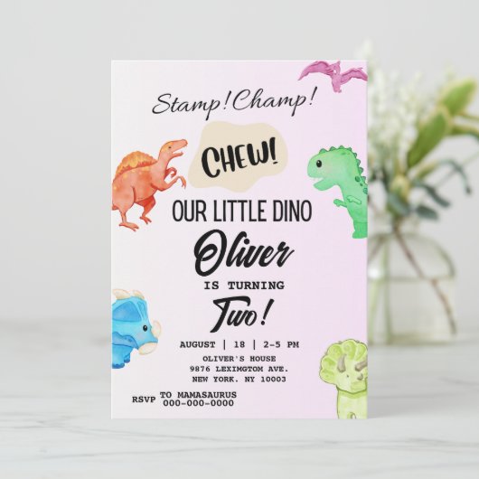 STOMP CHOMP UND CHEW Dinosaurier Einladung zum Geb (Stehend Vorderseite)
