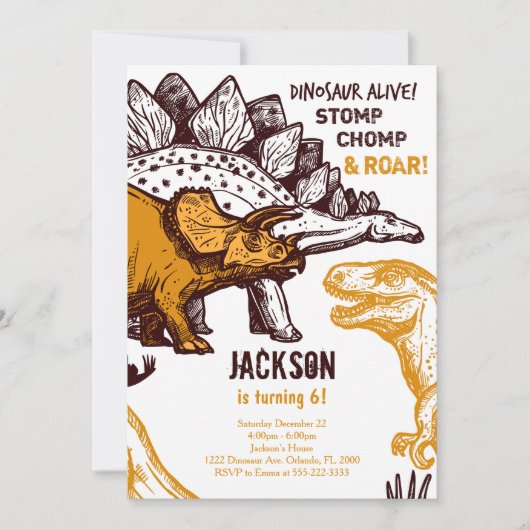 Stomp, Chomp und Roar! Dinosaur Birthday Invite Einladung (Vorderseite)