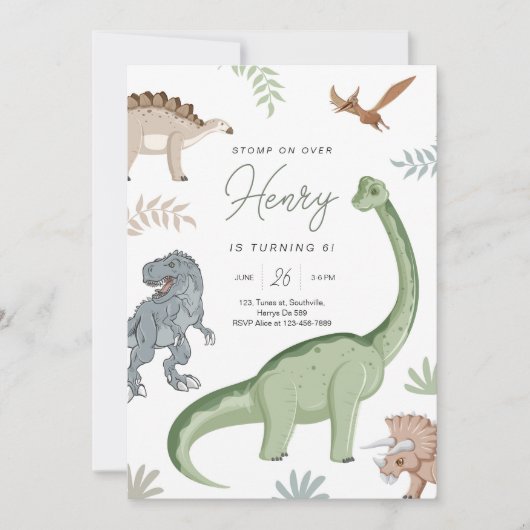 Stomp, Chomp und Roar! Dinosaurier Birthday Einladung (Vorderseite)