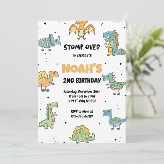 Stomp, Chomp und Roar! Dinosaurier Birthday Party Einladung (Stehend Vorderseite)