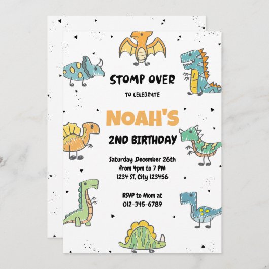 Stomp, Chomp und Roar! Dinosaurier Birthday Party Einladung (Vorne/Hinten)