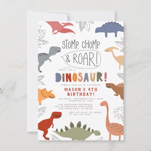 Stomp, Chomp und Roar! Dinosaurier Birthday Party Einladung (Vorderseite)