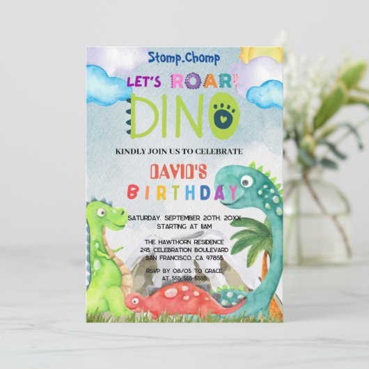 Stomp Chomp und Roar Einladung (Stehend Vorderseite)