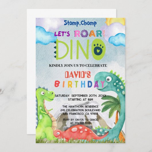 Stomp Chomp und Roar Einladung (Vorne/Hinten)