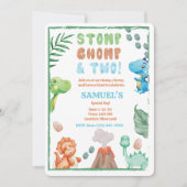 Stomp, Chomp und zwei Aquarell Dinosaurier Geburts Einladung (Vorderseite)