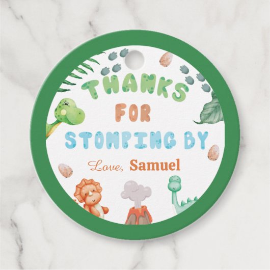 Stomp, Chomp und zwei Aquarell Dinosaurier Geburts Geschenkanhänger (Vorderseite)