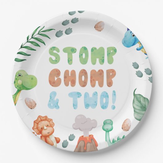 Stomp, Chomp und zwei Dinosaurier Wasserfarbe Gebu Pappteller (Vorderseite)