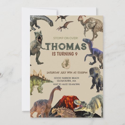 Stomp on Over Dino Birthday Einladung (Vorderseite)