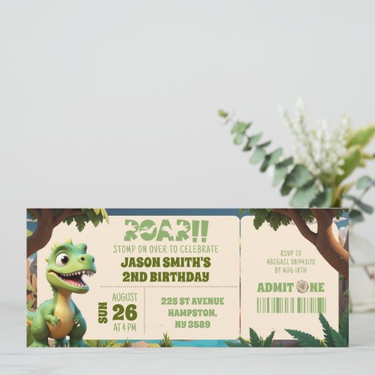 Stomp On Over Dinosaur Animals Birthday Ticket (Stehend Vorderseite)