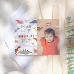 Stomp & Roar! Cute Dinosaurs Photo Birthday Party Postkarte<br><div class="desc">Roar! Let's party like a dinosaur! A perfect and fun way to invite friends to a dinosaur-themed party! In this design, your event details are framed by different dinosaurs in blue, yellow, orange, red, pink, green, gray, and brown. Between the animals, there are hand-drawn tropical leaves and jungle foliage in...</div>