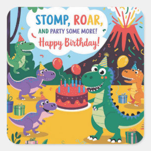 "Stomp, Roar & Party Mehr-Dino-Kinderdesign Quadratischer Aufkleber