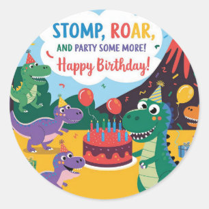 "Stomp, Roar & Party Mehr-Dino-Kinderdesign Runder Aufkleber
