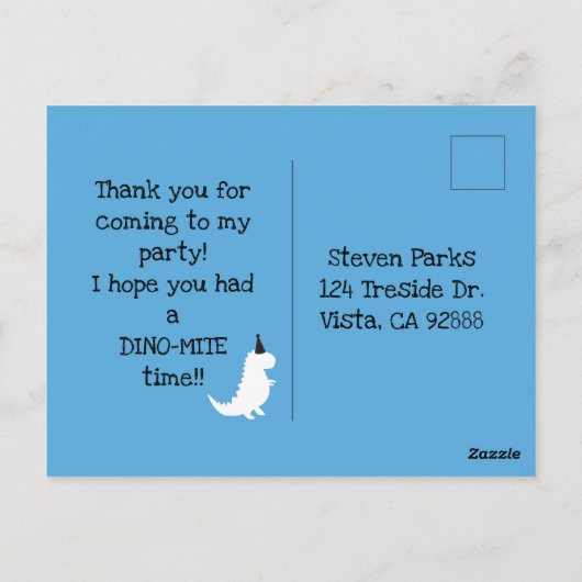 Stomp und Chomp Danke Dinosaur Birthday Blue Postkarte (Rückseite)