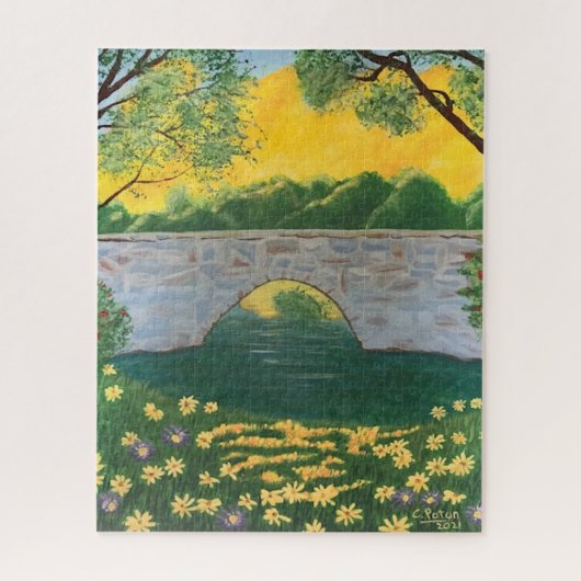 Stone Bridge Lake Blume Gelbe Himmelsfarbe Puzzle (Vertikal)