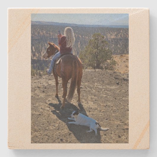 Stone Coaster- girl on horse, dog in shadow Steinuntersetzer (Vorderseite)