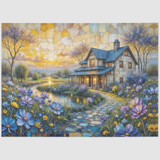 Stone Country Farmhouse in Patchwork Floral Valley Seidenpapier (Vorderseite)