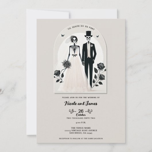 Stone Gray Black Skeleton Gothic Halloween Hochzei Einladung (Vorderseite)