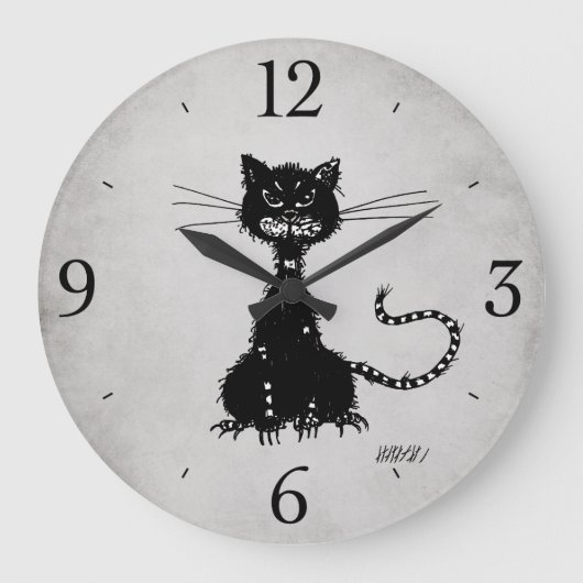 Stone Gray Ragged Evil Black Cat Große Wanduhr (Vorderseite)