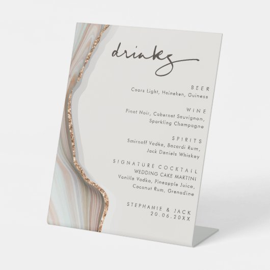 Stone Marble Agate Wedding Drinks Bar Menu Pedesta Sockelschild (Vorderseite)