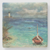 Stone Untersetzer Sailboat on Beach mit Light Hous (Vorderseite)