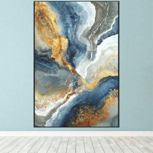 Stonelight Flow: Blaue und goldene abstrakte Wandk Leinwanddruck
