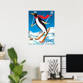 Stoos, Pinguin auf Ski, Schweizer Berge Poster (Heimbüro)