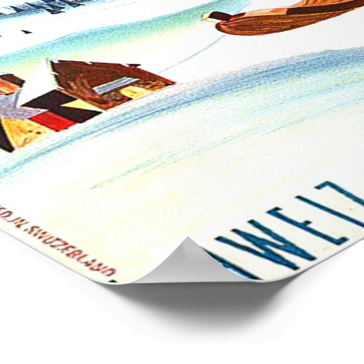 Stoos, Pinguin auf Ski, Schweizer Berge Poster (Ecke)