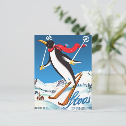 Stoos, Pinguin auf Ski, Schweizer Berge Postkarte (Stehend Vorderseite)